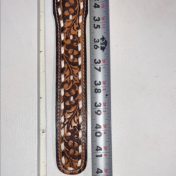 Ranch Pal Brown and Tan Tooled Leather Belt  size 38 armadillo, buckle - Picture 8 of 12